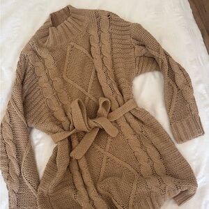 Cable Knit Belted Tan Sweater